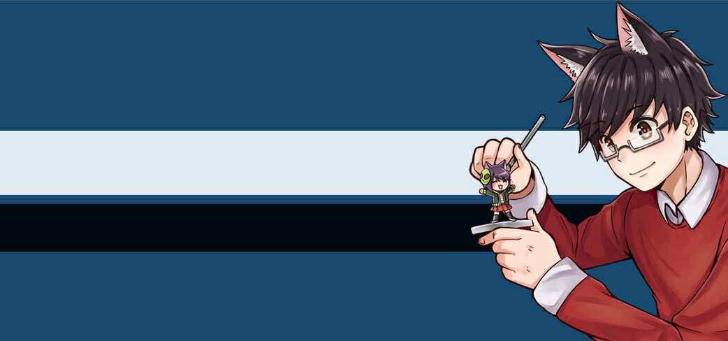 Anime character holding a small figurine against a blue and white striped background